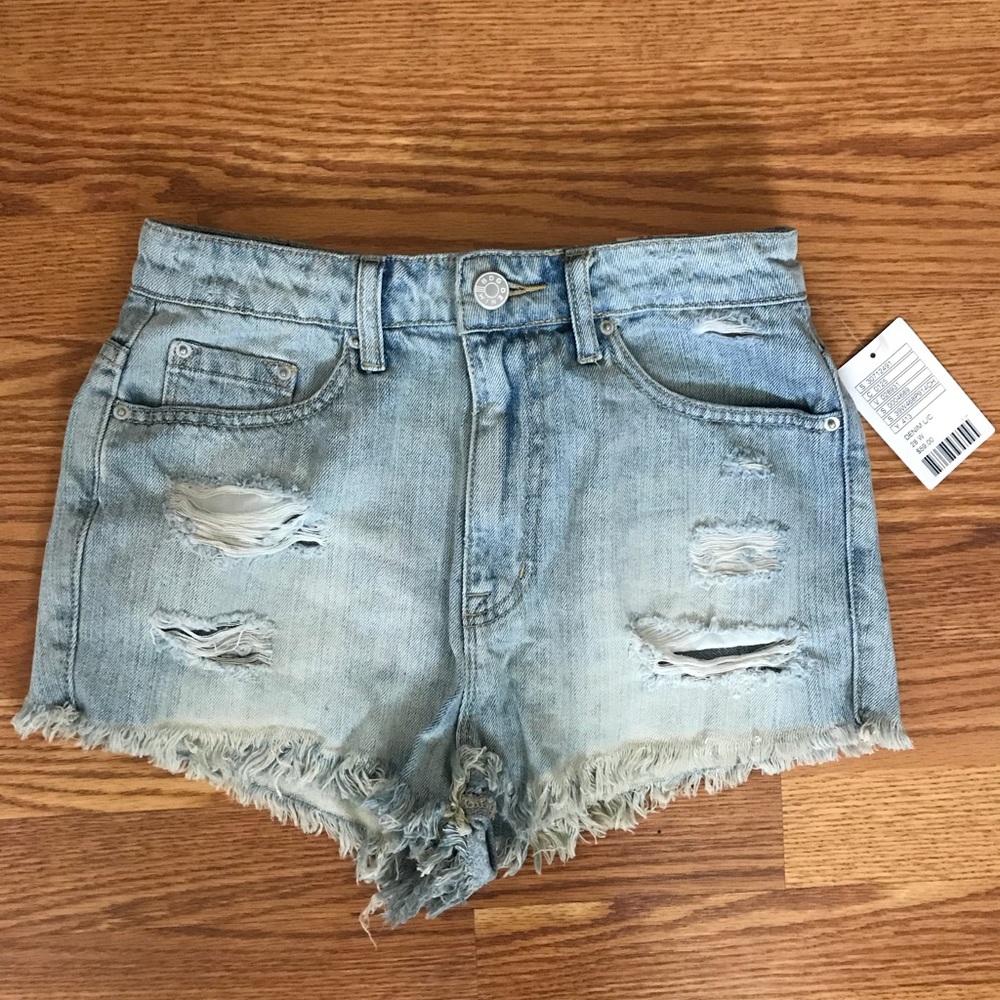 UO Super High Rise Cheeky Blue Jean Shorts